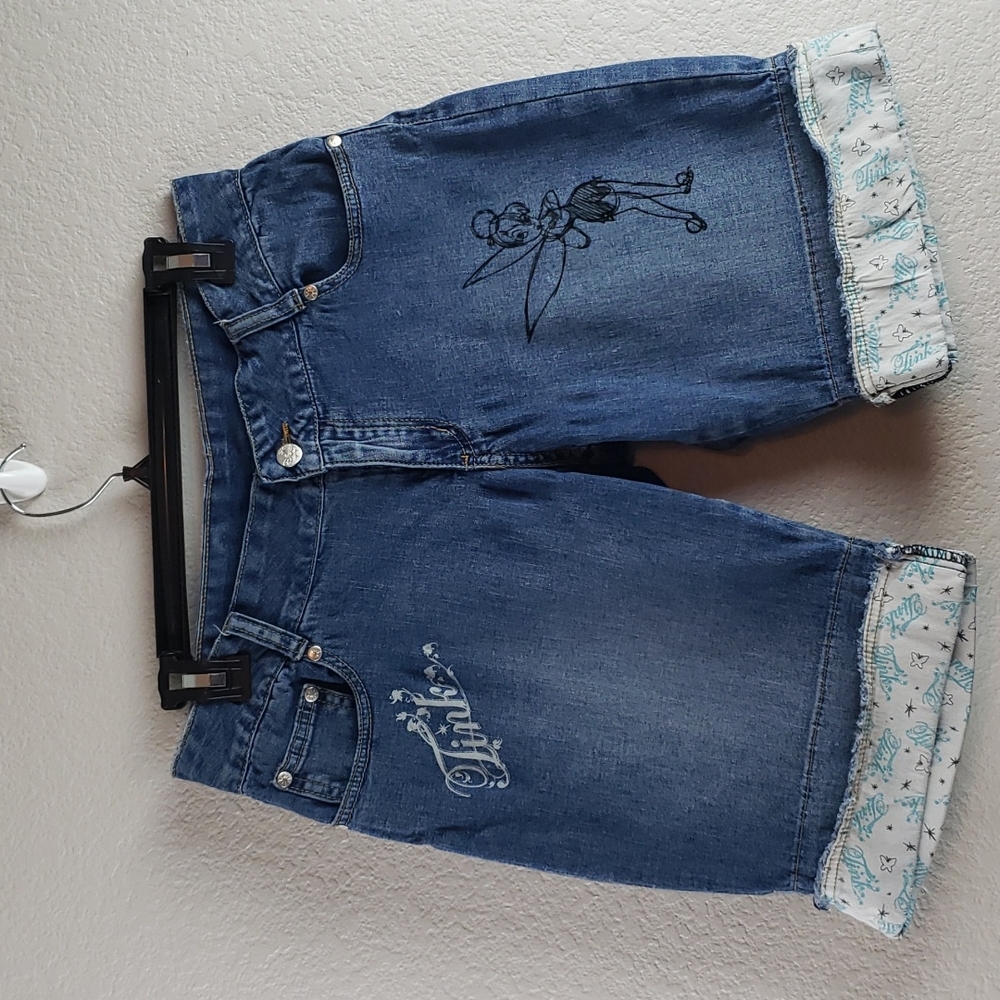 Disney | Juniors Tinker Bell Embroidered Cuff Denim Jean Shorts Sz  M 7/9